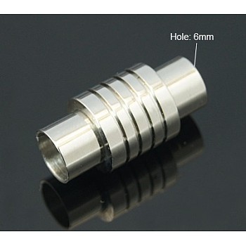 304 Stainless Steel Magnetic Clasps with Glue-in Ends, Column, Stainless Steel Color, 20x10mm, Hole: 6mm