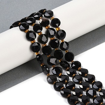 Natural Obsidian Beads Strands, Faceted Pentagonal Cut, Flat Round, with Seed Beads, 10~10.5x5~6mm, Hole: 1mm, about 32~33pcs/strand, 15.75''(40cm)