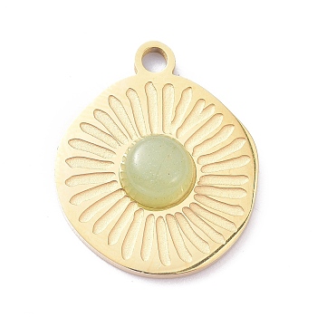 Ion Plating(IP) 304 Stainless Steel Pendants, with Green Aventurine, Flat Round, Golden, 20.5x17x4.5mm, Hole: 2mm