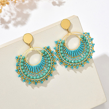Flat Round 304 Stainless Steel Glass Seed Beads Dangle Stud Earrings, Golden, Dark Turquoise, 70x52mm