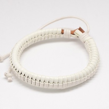 Trendy Unisex Casual Style Leather Wrapped PU Leather Bracelets, with Waxed Cord, White, 54mm