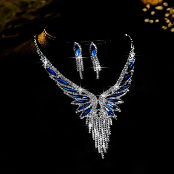 Rhinestone Butterfly Tassel Pendant Necklace & Horse Eye Tassel Stud Earrings Sets for Women, Capri Blue, 340mm