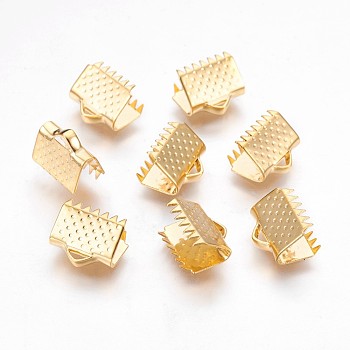 304 Stainless Steel Ribbon Crimp Ends, Rectangle, Golden, 9x10.5mm, Hole: 1.5x3mm