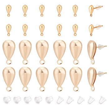 48Pcs 2 style Brass Stud Earring Findings, with Loops, Teardrop, with 80Pcs Plastic Ear Nuts, Real 18K Gold Plated, 12~17x3.5~8.5mm, Hole: 0.9~1.8mm, Pin: 0.7~0.8mm, 24pcs/style