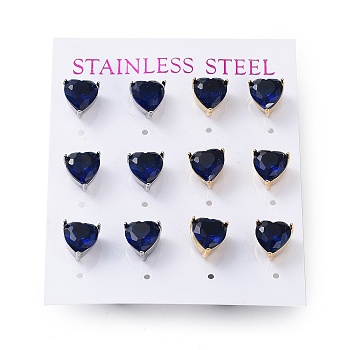 6 Pair 2 Color Heart Cubic Zirconia Stud Earrings, Golden & Stainless Steel Color 304 Stainless Steel Earrings, Blue, 9x9mm, 3 Pair/color