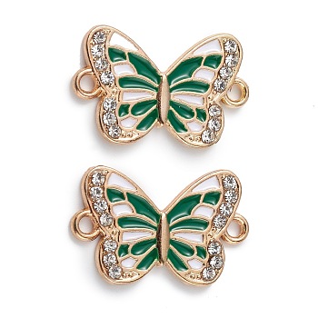 Alloy Enamel Connector Charms, Butterfly Links with Crystal Rhinestone, Light Gold, Cadmium Free & Nickel Free & Lead Free, Green, 21x13x1.7mm, Hole: 1.6mm