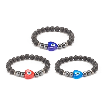 3Pcs 3 Color Natural Lava Rock & Synthetic Hematite Stretch Bracelets Set, Lampwork Heart with Evil Eye Beads Bracelets for Women, Mixed Color, Inner Diameter: 2-1/8 inch(5.4cm), 1Pc/color