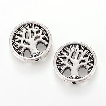 Tibetan Style Alloy Beads, Flat Round with Tree, Cadmium Free & Lead Free, Antique Silver, 18x4mm, Hole: 1.5mm, about 265pcs/1000g