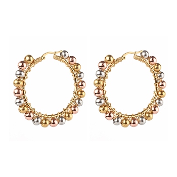 304 Stainless Steel Beaded Hoop Earrings, Hypoallergenic Earrings, with Brass Round Beads, Multi-color, 51mm, Pin: 1x0.7mm