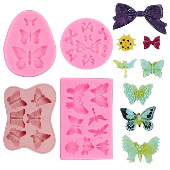 4Pcs 4 Style Silicone Molds, Fondant Molds, For DIY Cake Decoration, Chocolate, Candy, UV Resin & Epoxy Resin Jewelry Making, Insects, Pink, 1pc/style