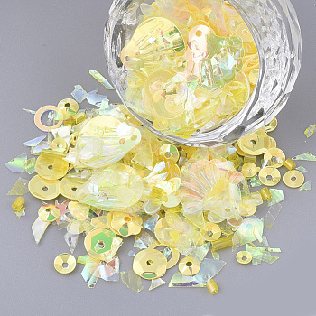 Ornament Accessories, PVC Plastic Paillette/Sequins Beads, Mixed Shapes, Yellow, 4~40x2.5~16x0.3~1.5mm, Hole: 1~1.6mm