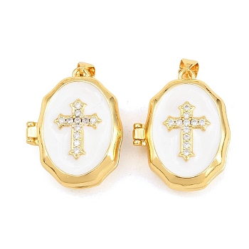 Brass Locket Pendants, with Enamel & Clear Cubic Zirconia, Cadmium Free & Lead Free, Real 18K Gold Plated, Rack Plating, Long-Lasting Plated, Cross with Oval Charms, White, 27x21x9mm, Hole: 3x5mm