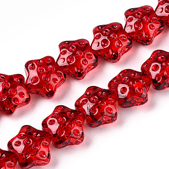 Transparency Glass Beads Strands, Star, Red, 14~14.5x15x9~9.5mm, Hole: 1mm, about 45pcs/strand, 24.80~26.1''(63~65.25cm)