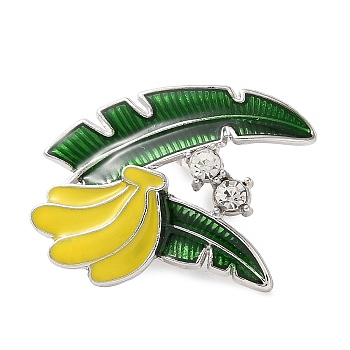 Fruit Theme Alloy Micro Pave Cubic Zirconia & Enamel Pendant Brooches, Lapel Pins, Banana, 26x27mm