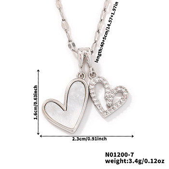 Shiny Brass Clear Cubic Zirconia Double Heart Pendant Dapped Chain Necklaces for Women, Platinum, 15.75 inch(40cm)