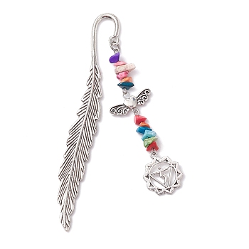 Tibetan Style Alloy Feather Bookmark, with Synthetic Turquoise Beads, Antique Silver, Manipura, 83x19x2mm