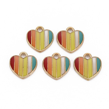 Alloy Enamel Charms, Cadmium Free & Nickel Free & Lead Free, Rainbow Color, Heart, Light Gold, Colorful, 13x13x2mm, Hole: 1.8mm