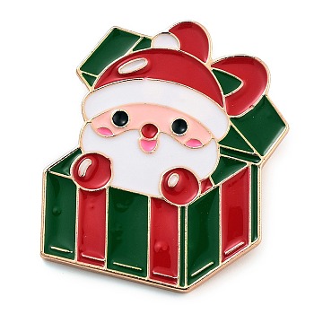 Christmas Theme Alloy Enamel Brooches, for Backpack Clothes, Santa Claus with Gift Box, Green, 41x36mm