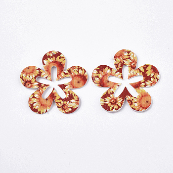 PU Leather Big Pendants, Double-Sided Daisy Pattern, Flower, FireBrick, 50x51x2mm, Hole: 1mm