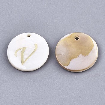 Natural Freshwater Shell Pendants, with Golden Plated Brass Etched Metal Embellishments, Flat Round with Letter, Letter.V, 15x2mm, Hole: 1.2mm