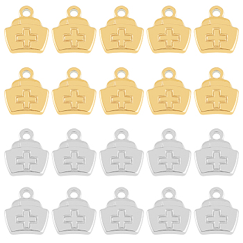 DICOSMETIC 20Pcs 2 Colors 304 Stainless Steel Charms, Nurse Cap, Golden & Stainless Steel Color, 13x12x3mm, Hole: 2mm, 10pcs/color