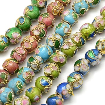 Vintage Handmade Flower Pattern Cloisonne Round Bead Strands, Mixed Color, 6mm, Hole: 1mm, about 13.2 inch, 65pcs/strand