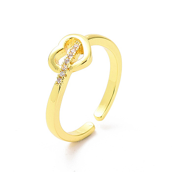 Clear Cubic Zirconia Heart Open Cuff Ring, Brass Jewelry for Valentine's Day, Golden, Inner Diameter: 17.4mm