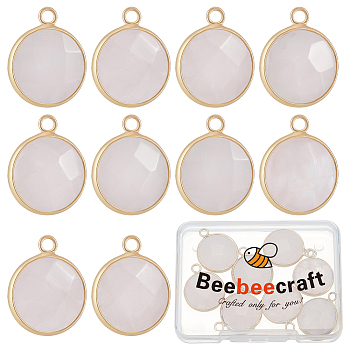 10Pcs Natural Rose Quartz Pendants, Faceted Flat Round Charms, with Golden Tone Brass Findings, 21x18x6mm, Hole: 2mm
