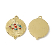 Vacuum Plating 201 Stainless Steel Pendants, with Rhinestone, Real 18K Gold Plated, Flat Round with Eye Charm, Colorful, 19x15x2mm, Hole: 1.4mm(STAS-J401-VC562)