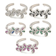 Flower Rack Plating Brass Micro Pave Cubic Zirconia Open Cuff Rings for Women, Cadmium Free & Lead Free, Long-Lasting Plated, Platinum, Mixed Color, Flower: 9.8x20.5mm, Adjustable(RJEW-N047-01P-RS)