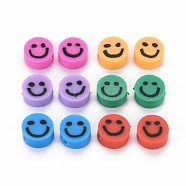 Handmade Polymer Clay Beads, Flat Round with Smiling Face, Mixed Color, 8~9x4mm, Hole: 1.5mm(CLAY-S096-010)