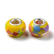Bohemian Style Resin European Beads, Large Hole Beads, Rondelle, Platinum Color Core, Yellow, 14x9.5mm, Hole: 4.8mm(RESI-D069-01B)