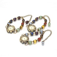 Tibetan Style Alloy Mixed Stone Watch Bracelets, with Iron Chains and Zinc Alloy Lobster Claw Clasps, Antique Bronze, 180mm(BJEW-JB01754)
