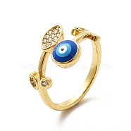 Cubic Zirconia Leaf with Enamel Evil Eye Open Cuff Ring, Brass Jewelry for Women, Real 18K Gold Plated, US Size 6 1/2(16.9mm)(KK-H439-52G)