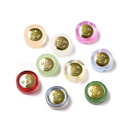 Transparent Spray Painted Glass Beads, with Golden Brass Findings, Flat Round with Smile, Mixed Color, 11.5x4mm, Hole: 1.2mm(GLAA-I050-15)