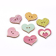2-Hole Printed Wooden Buttons, Heart, Mixed Color, 23x25.5x2.5mm, Hole: 1.5mm(X-WOOD-S037-008)