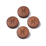 Laser Engraved Wood Beads, Flat Round with 12 Constellations, Dyed, Camel, Pisces, 12x4mm, Hole: 1.6mm(WOOD-S053-53I)