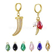 Brass Huggie Hoop Earring, Asymmetrical Earrings, with Natural Pearl, Glass Beads, Brass & Brass Micro Pave Cubic Zirconia Pendants, Feather & Ivory Shape, Golden, 43~51mm(EJEW-PH01373)