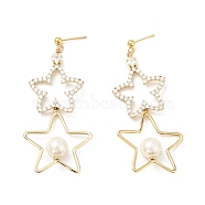 Clear Cubic Zirconia Stars Dangle Stud Earrings with Acrylic Pearl, Brass Jewelry for Women, Cadmium Free & Nickel Free & Lead Free, Real 18K Gold Plated, 70mm, Pin: 0.7mm(EJEW-G297-06G)
