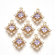 Golden Tone Brass Pendants, with Faceted Glass and Clear Rhinestone, Rhombus, Violet, 14.5x11x4mm, Hole: 1.2mm, Diagonal Length: 14.5mm, Side Length: 10mm(X-GLAA-R212-16C)