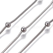 304 Stainless Steel Box Chains, with Round Beads, Unwelded, Stainless Steel Color, 1mm(CHS-P007-12P)