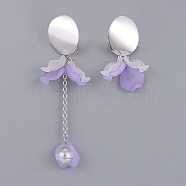 Petal Transparent Acrylic Dangle Stud Earrings, Asymmetrical Earrings, with Brass Stud Earring Findings, 304 Stainless Steel Cable Chains and Ear Nuts, Real Platinum Plated, Lilac, 90mm, Pin: 0.8mm, 43mm, Pin: 0.8mm(EJEW-JE03272-01)