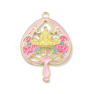 Alloy Enamel Pendants, Light Gold, Magic Fan with Crown Charm, Pink, 38x26.5x1.5mm, Hole: 2mm(FIND-B019-01LG-06)