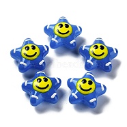 Handmade Lampwork Bead, with Enamel, Star with Smiling Face, Royal Blue, 20~20.5x21~21.5x10.5~11mm, Hole: 1.6mm(LAMP-H065-04A)