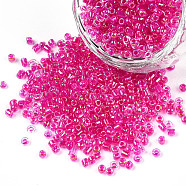 12/0 Glass Seed Beads, Inside Colours, Round Hole, Round, Transparent Colours Rainbow, Fuchsia, 12/0, 2~2.5x1.5~2mm, Hole: 0.8mm, about 3333pcs/50g(X-SEED-A016-2mm-203)