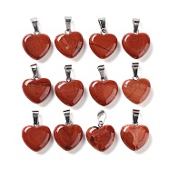 Natural Red Jasper Pendants, Heart Charms with Platinum Tone Brass Snap on Bails, 17~19x15~16x5~8mm, Hole: 2x7mm(G-Q371-16)