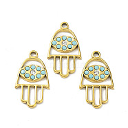 304 Stainless Steel Pendants, with Rhinestone, Hamsa Hand with Eye Charm, Golden, 25x14x1.5mm, Hole: 2mm(STAS-A168-10G)