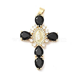Rack Plating Brass Micro Pave Cubic Zirconia Pendants, Cadmium Free & Lead Free, Real 18K Gold Plated, Cross with Saint, Black, 45.5x29x6mm, Hole: 4x6mm(ZIRC-I059-15G-02)