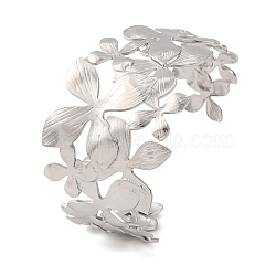 304 Stainless Steel Cuff Bangles for Women, Flower/Leaves, Stainless Steel Color, 1-5/8 inch(4.05cm), Inner Diameter: 2-1/2 inch(6.2cm)(BJEW-D048-03P)