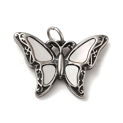 304 Stainless Steel Pave Shell Pendants, Butterfly Charms with Jump Ring, Antique Silver, 14.5x21x2mm, Hole: 3.5mm(STAS-L022-257AS)